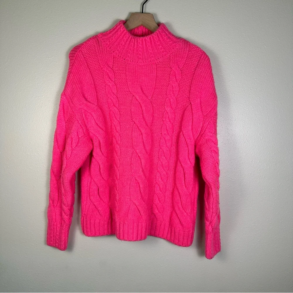 ANTHROPLOGIE Size Medium Vibrant Coquette Cable Knit Mock Neck Neon Pink Sweater